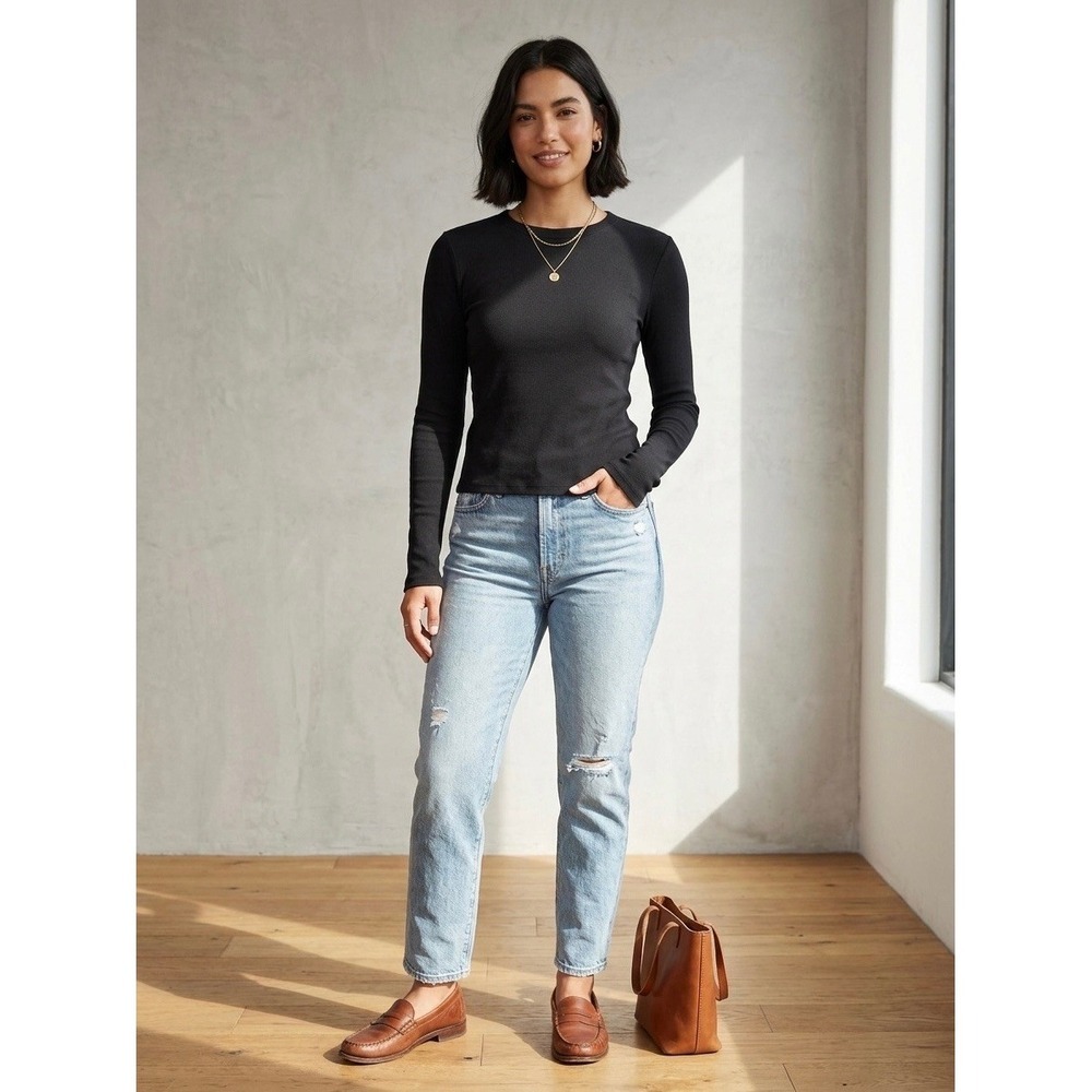 Madewell Black Ribbed Long Sleeve Crewneck Tee Shirt Cotton Modal Blend Size M